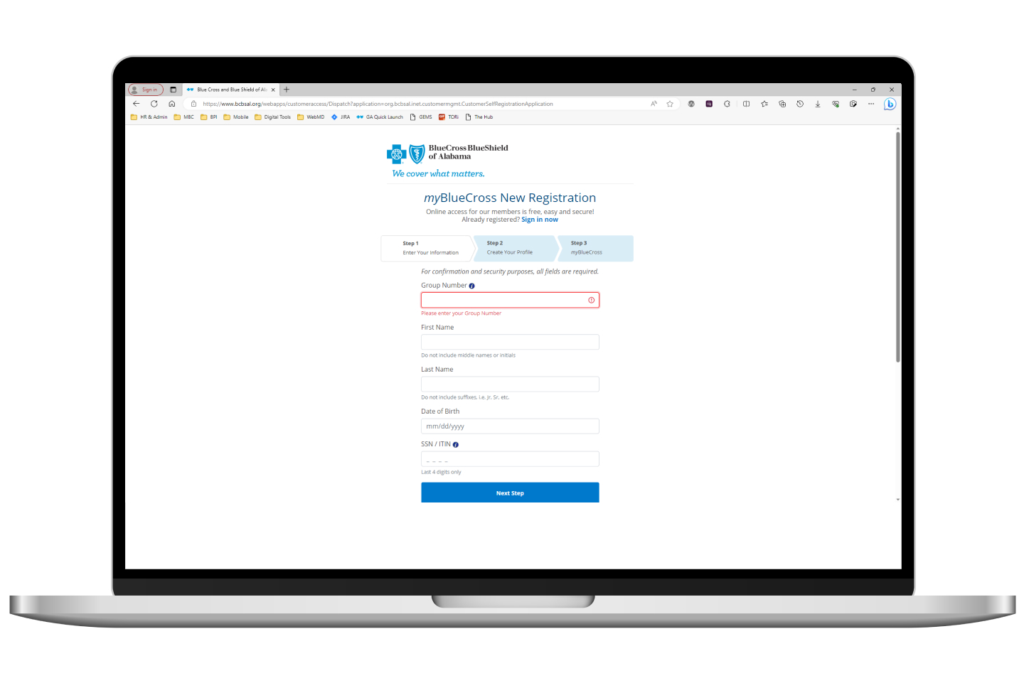 myBlueCross Registration Screen