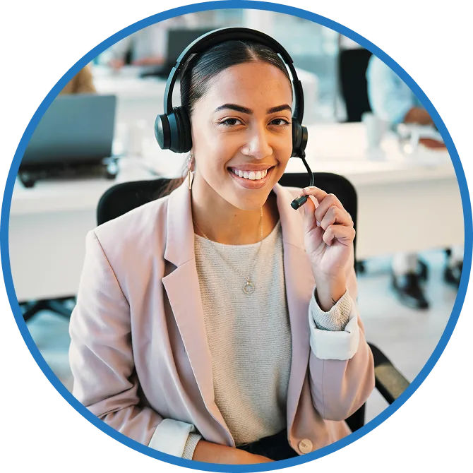 Friendly ecm representative smiling while wearing a headset in a modern office.
