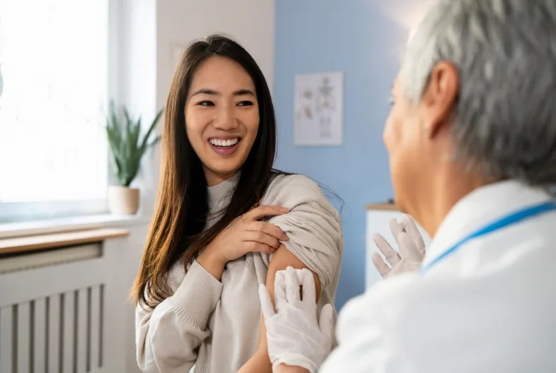 woman in dr's office getting ready to take a shot while smiling