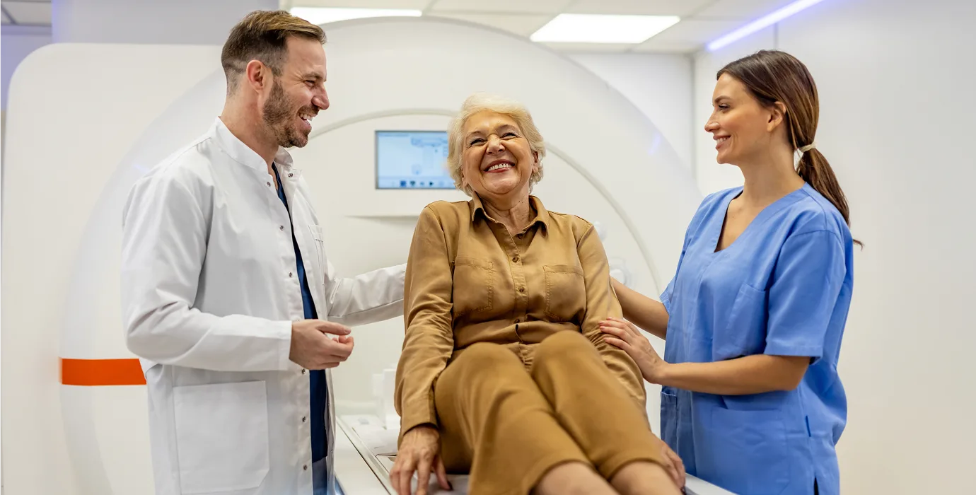 Woman being laid down before getting medical scan
